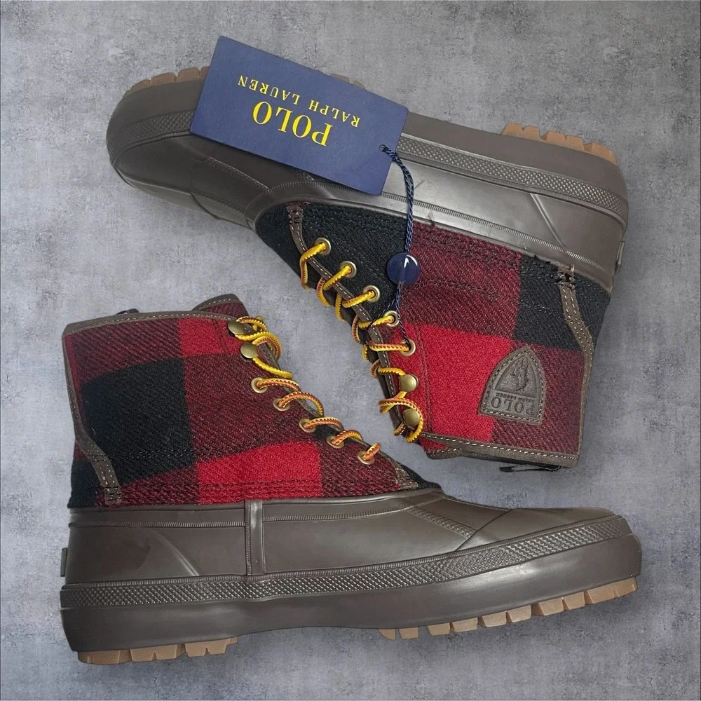 Polo Ralph Lauren Claus Buffalo Check Wool Lace-up Rugged Duck Boots Mens 8